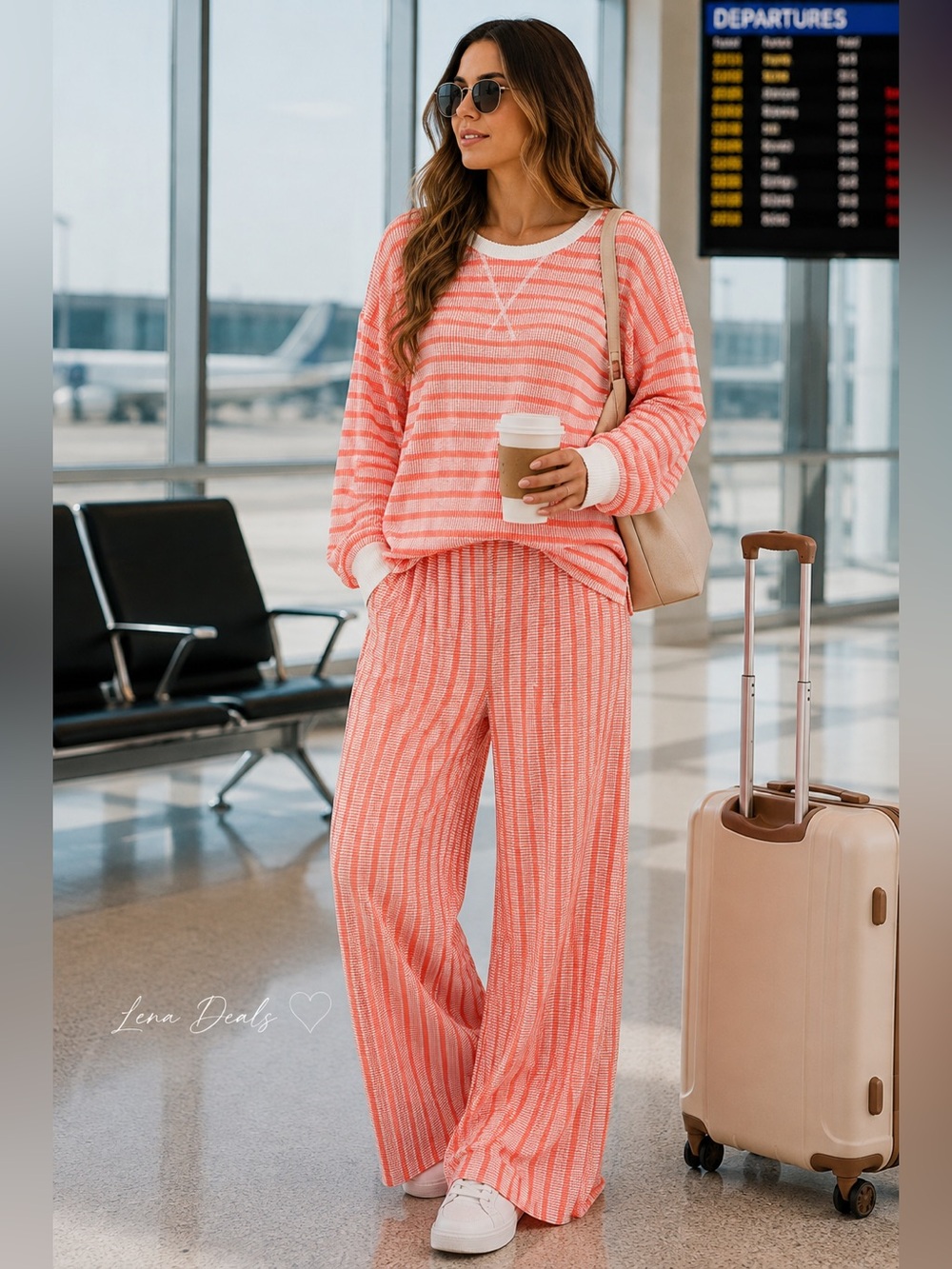 Zenana Raised Rib Striped Pullover & Wide Leg Pants Set Women’s Coral